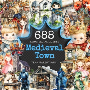 Medieval Town Watercolor Clipart Bundle - 680+ transparent PNG, Old world town graphics, Timeless village, Commercial use, Digital download