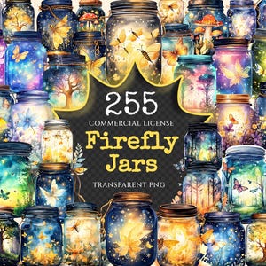 Firefly Jars Watercolor Clipart Bundle - 253+ transparent PNG, Whimsical fairytale graphics, Storybook art, Commercial use, Digital download