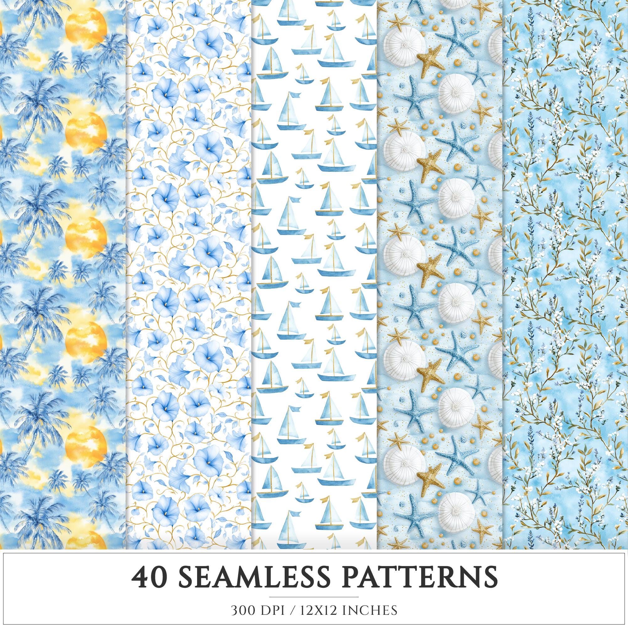 Capri Blue Seamless Patterns, Mediterranean, Seashells, Pampas (digital ...