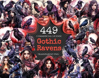 Gothic Raven Watercolor Clipart Bundle – Mystic PNG Graphics (Digital Download)