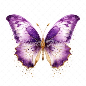 20 High-Quality Purple Gold Butterfly Clipart - Butterfly digital watercolor JPG instant download for commercial use - Digital download