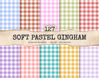 May include: A selection of seamless gingham patterns in pastel shades: blue, brown, pink, green, red, purple, peach, teal, yellow, and lavender. The image features the text "127 SOFT PASTEL GINGHAM" and "SEAMLESS PATTERNS | 300 DPI / 12X12 INCHES".