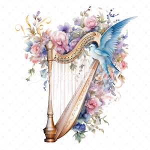 20 High-Quality Magical Floral Harp Bird Clipart - Floral harp digital watercolor JPG instant download for commercial use - Digital download