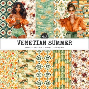 Venetian Summer Seamless Patterns, Italy travel JPEG, Vine leaves pattern, Citrus, Summer beach repeating pattern, Digital scrapbook paper