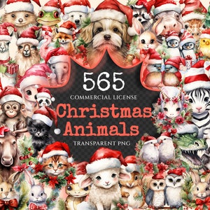 Christmas Animals Watercolor Clipart Bundle - 560+ transparent PNG, Festive animal images, Santa hat wreath, Commercial use,Digital download