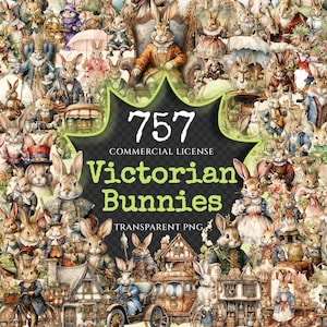 Victorian Bunnies Clipart Bundle - 750+ transparent PNG, Vintage rabbit clipart, Medieval antique graphics, Commercial use, Digital download