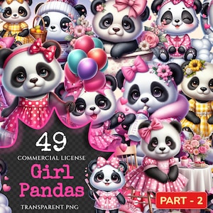 Girl Pandas (P-2) PNG Clipart Collection - 49 PNG, Charming panda illustrations, Sweet panda printable art, Commercial use, Digital download