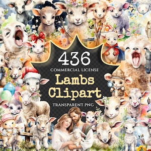 Lambs Watercolor Clipart Bundle - 432+ transparent PNG, Adorable farm illustrations, Cute lamb graphics, Commercial use, Digital download