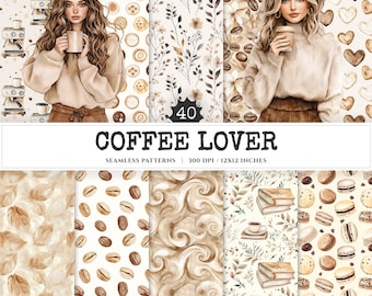 May include: Set of 10 digital seamless patterns featuring coffee, donuts, swirls, leaves, and flowers in brown, beige, and white. The patterns are 300 DPI and 12x12 inches.