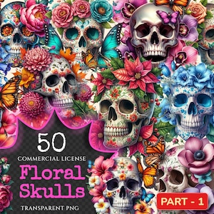 Floral Skulls PNG Clipart Collection - 50 PNG, Dark gothic illustrations, Floral skull printables, Commercial use, Digital download