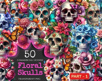 Floral Skulls PNG Clipart – Gothic Illustrations (Digital Download)