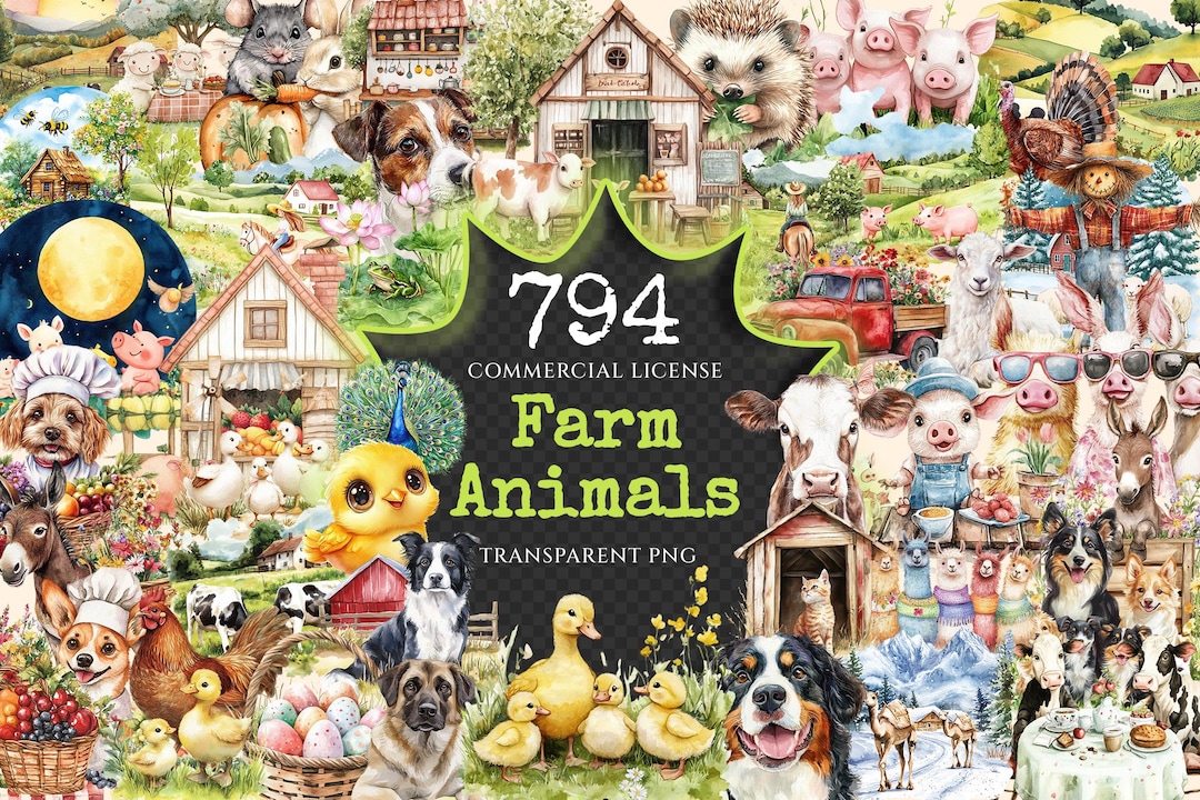 Watercolor Farm Animals Clipart – 790+ PNG Graphics (digital Download ...