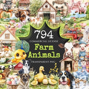 Farm Animals Watercolor Clipart Bundle - 790+ transparent PNG, Charming rural graphics, Farmyard animal png, Commercial use,Digital download