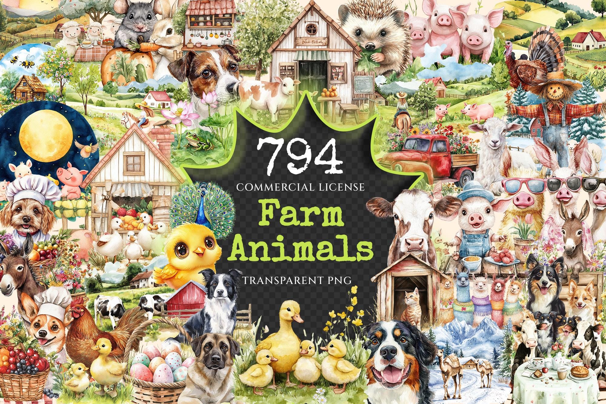 Watercolor Farm Animals Clipart – 790+ PNG Graphics (digital Download ...