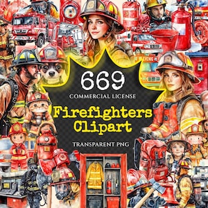 Firefighters Watercolor Clipart Bundle - 665+ transparent PNG, Rescue service graphics, Firefighter images, Commercial use, Digital download