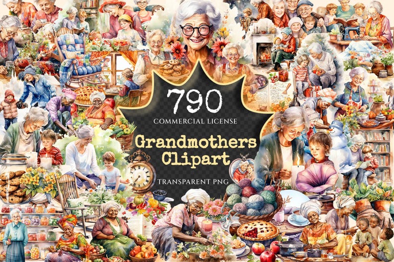 Grandmothers Watercolor Clipart Bundle - 785+ transparent PNG, Warm grandma graphics, Cherished family png, Commercial use, Digital download
