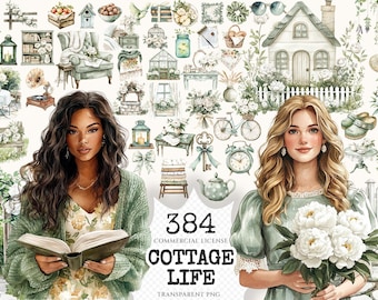May include: A collection of 384 watercolor illustrations featuring cottagecore elements, including flowers, a house, a woman reading a book, a woman holding peonies, and a teapot. The text "384 Commercial License Cottage Life Transparent PNG" is included in the image.