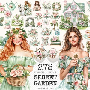 Secret Garden Watercolor Clipart Set - 275+ transparent PNG, Garden tea party graphics, Spring greenery art, Commercial use,Digital download