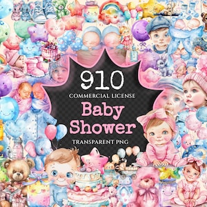 Baby Shower Watercolor Clipart Bundle - 900+ transparent PNG, Cherubic baby graphics, Adorable kids party, Commercial use, Digital download