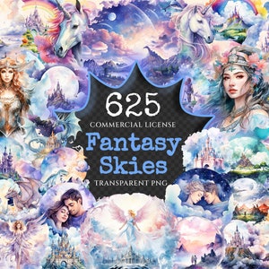 Fantasy Skies Watercolor Clipart Bundle - 620+ transparent PNG, Legendary sky images, Flying beings png, Commercial use, Digital download