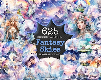 May include: A digital art collection titled "Fantasy Skies" with 625 images. The artwork features watercolour illustrations of fantasy scenes, including unicorns, castles, angels, and mystical landscapes. The colour palette includes blues, purples, and pinks.