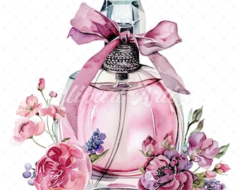 May include: A pink glass perfume bottle with a silver cap and a pink ribbon bow. The bottle is surrounded by pink and purple flowers.
