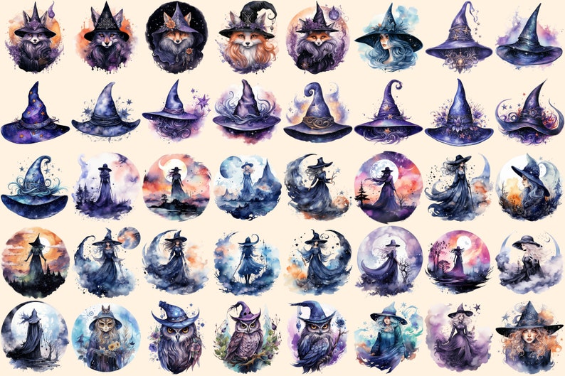 Celestial Witches Watercolor Clipart Bundle – 260+ PNG (digital ...