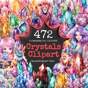 Crystals Watercolor Clipart Bundle - 470+ transparent PNG, Crystal illustrations, Enchanted gem graphics, Commercial use, Digital download