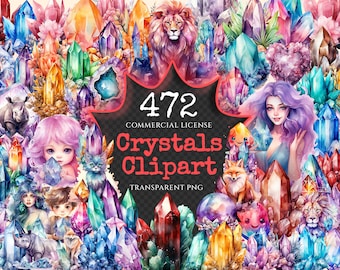 May include: A digital clipart set of 472 watercolor illustrations featuring crystals, animals, and fantasy characters. The set includes a lion, a wolf, a rhino, a fox, a cat, a girl with purple hair, a girl with pink hair, and a variety of crystals in different colors and shapes.