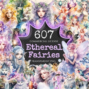 Ethereal Fairies Watercolor Clipart Bundle - 600+ transparent PNG, Enchanting fairytale art, Delicate fairy, Commercial use,Digital download