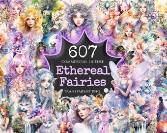 Könnte beinhalten: Eine Sammlung von 607 Aquarell-Illustrationen von ätherischen Feen mit Flügeln, Blumen und anderen magischen Elementen. Die Bilder sind transparente PNG-Dateien und für kommerzielle Zwecke verwendbar.