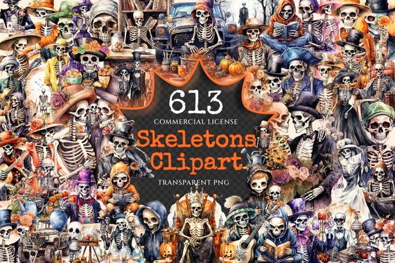 Watercolor Skeletons Clipart Bundle – 610+ PNG, Halloween Graphics (Digital Download)
