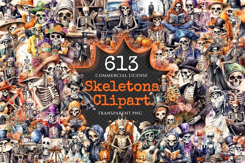 Skeletons Watercolor Clipart Bundle - 610+ transparent PNG, Spooky halloween graphics, Skeleton png images, Commercial use, Digital download