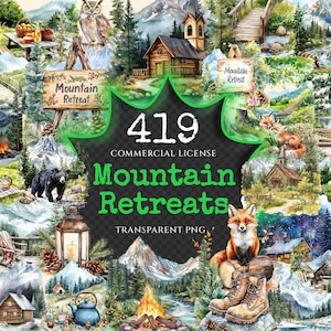 Mountain Retreats Watercolor Clipart Bundle - 415+ transparent PNG, Tranquil nature scenes, Rustic cabin png,Commercial use,Digital download