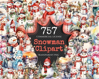 Watercolor Snowman Clipart Bundle – 755+ PNG Images (Digital Download)
