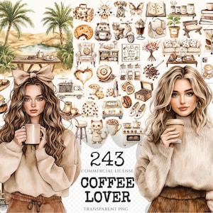 Coffee Lover Watercolor Clipart Set - 240+ transparent PNG, Coffee planner graphics, Coffee moments images, Commercial use, Digital download