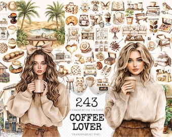 Watercolor Coffee Clipart Set – 240+ PNG Graphics (Digital Download)