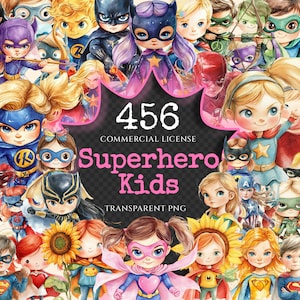 Superhero Kids Watercolor Clipart Bundle - 450+ transparent PNG, Heroic kids images, Dynamic character png, Commercial use, Digital download