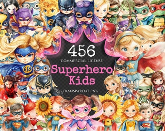 Watercolor Superhero Kids Clipart – 450+ PNG Images (Digital Download)