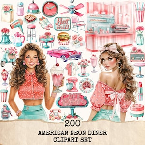Puede incluir: Conjunto de imágenes prediseñadas de acuarela con temática de restaurante americano retro. La imagen incluye ilustraciones de un coche clásico, batidos, una barra de restaurante, un reloj vintage y dos mujeres. El texto dice "200 AMERICAN NEON DINER CLIPART SET."