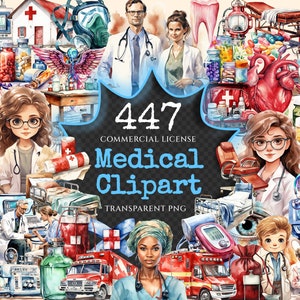 Medical Watercolor Clipart Bundle - 445+ transparent PNG, Medical device graphics, Medical personnel png, Commercial use, Digital download