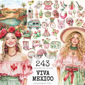 Viva Mexico Watercolor Clipart Set - 240+ transparent PNG, Mexican fiesta graphics, Cinco de mayo party art, Commercial use,Digital download