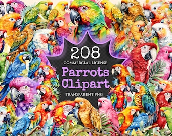 Watercolor Parrot Clipart Bundle – 205+ Tropical PNG Graphics (Digital Download)
