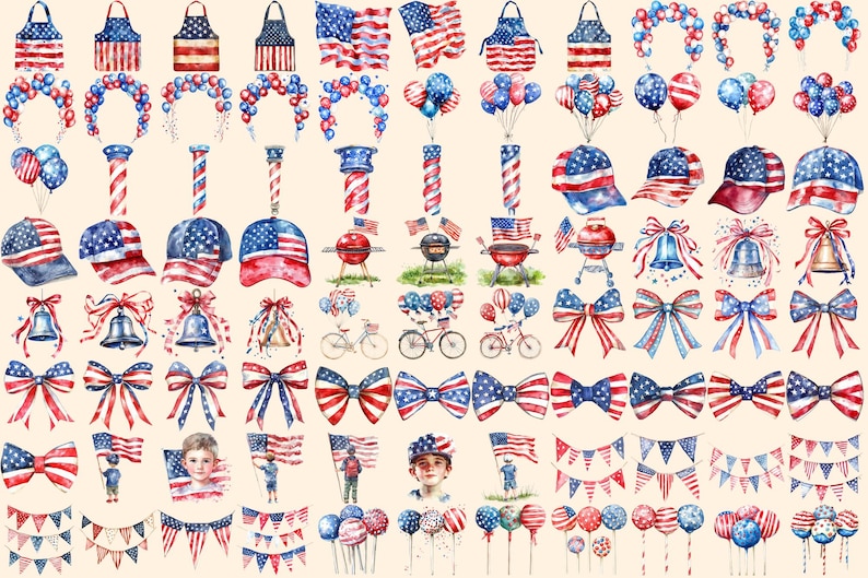 4th of July Watercolor Clipart Bundle – Patriotic PNG Graphics (digital ...