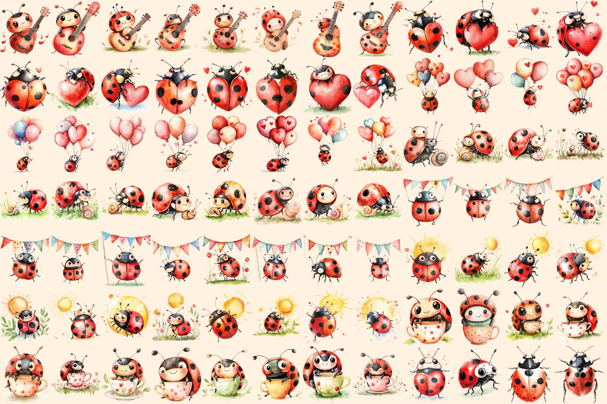 Watercolor Ladybugs Clipart Bundle – 540+ PNG Illustrations (digital ...