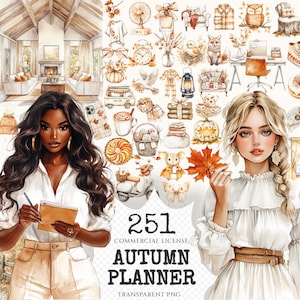 Autumn Planner Watercolor Clipart Set - 248+ transparent PNG, Cozy planner girl graphics, Boho fall png, Commercial use, Digital download