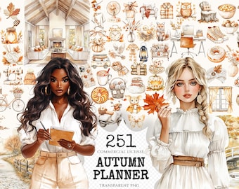 Könnte beinhalten: Aquarell-Illustration mit zwei Frauen und herbstlichen Elementen. Enthält Bilder eines Hauses, Herbstblätter und Accessoires. Der Text "251 COMMERCIAL LICENSE AUTUMN PLANNER" ist ebenfalls sichtbar.