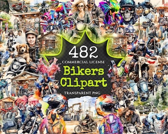Watercolor Bikers Clipart Bundle – 480+ PNG Illustrations (Digital Download)