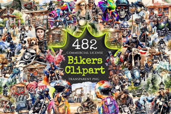 Watercolor Bikers Clipart Bundle – 480+ PNG Illustrations (Digital Download)
