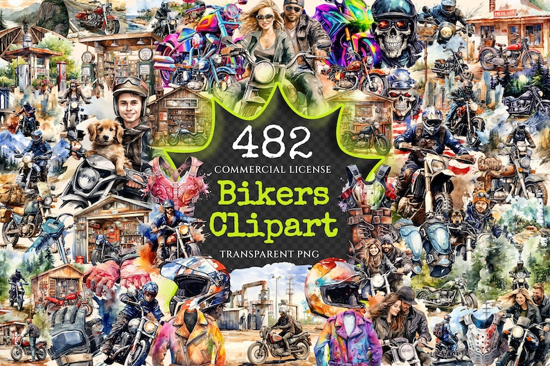 Bikers Watercolor Clipart Bundle - 480+ transparent PNG, Road warrior enthusiast illustrations, Motorbike, Commercial use, Digital download